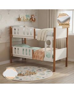 Beliche Solteiro Ônix Mdf com 2 Colchões + Luminária Nuvem - Branco Mel