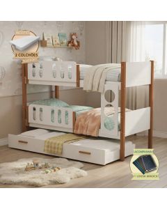 Beliche Solteiro Ônix com Cama Auxiliar e 2 Colchões + Lousa Mágica - Branco Mel