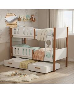 Beliche Infantil Solteiro Ônix Mdf com Cama Auxiliar e 3 Colchões - Branco Mel