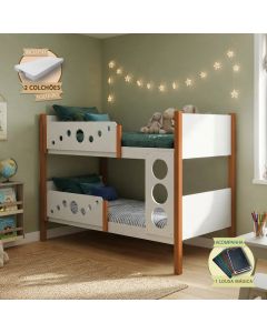 Beliche Infantil Solteiro Star Divaloto Móveis com 2 Colchões + Lousa Mágica - Branco Mel