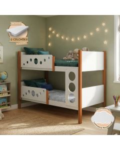 Beliche Solteiro Star Infantil Mdf com 2 Colchões + Luminária Nuvem - Branco Mel
