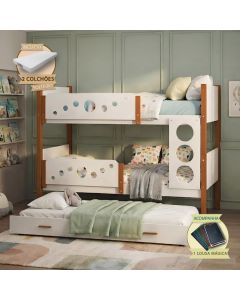 Beliche Solteiro Star com Cama Auxiliar e 2 Colchões + Lousa Mágica - Branco Mel