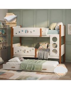 Beliche Solteiro Star com Cama Auxiliar e 2 Colchões + Luminária Nuvem - Branco Mel