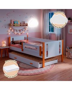 Cama Babá Solteiro Mirela com Auxiliar Branco Amêndoa Grade Proteção Luminária Led Lençol Infantil