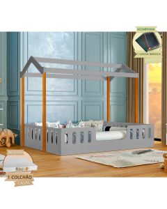 Cama Casal com Colchão D28 Casinha Montessoriana Ágatha Cinza/amêndoa Incluso Lousa Mágica