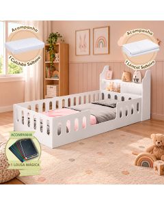Cama Infantil Reforçada Helo Solteiro com Colchão Nicho Led Lousa Mágica Branca Acompanha Lençol