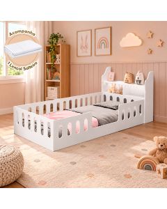 Cama Cercadinho Infantil Helo Mdf Solteiro Nicho Led Branca Acompanha Lençol para Criança Infantil