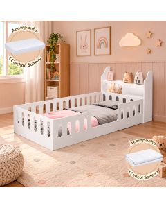 Cama Reforçada Cercadinho Helo Mdf Solteiro Colchão Nicho Led Branca Acompanha Lençol Infantil