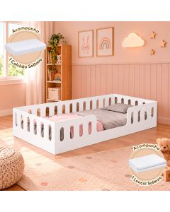 Cama Cercadinho Infantil Helo Mdf Solteiro com Colchão Branca Acompanha Lençol Infantil para Quarto