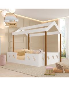 Cama Casinha Montessoriana Isa Mdf + Colchão Casal Conforto e Suporte para Dormir - Branco