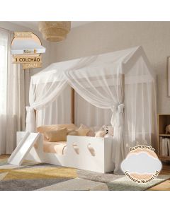 Cama Casinha Montessoriana Isa Mdf +led +voal + Escorregador + Colchão Casal Kids - Branco