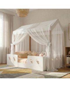 Cama Casinha Montessoriana Isa em Mdf + Voal Mosquiteiro e Dossel para Quarto Infantil - Branco