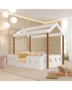 Cama Casal Infantil Casinha Montessoriana Isa em Mdf para Quarto Infantil Kids e Decor - Branca/mel
