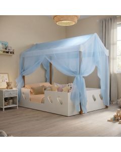 Cama Casinha Montessoriana Isa em Mdf + Voal Azul para Quarto Infantil - Branco