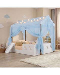 Cama Casinha Montessoriana Isa Mdf + Led + Voal Azul + Escorregador + Colchão Casal Kids - Branco