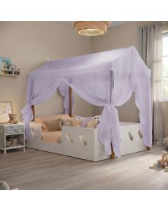 Cama Casinha Montessoriana Isa em Mdf + Voal Lilás para Quarto Infantil - Branco