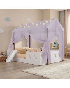 Cama Casinha Montessoriana Isa Mdf + Led + Voal Lilás + Escorregador + Colchão Casal Kids - Branco