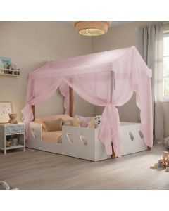 Cama Casinha Montessoriana Isa em Mdf + Voal Rosa para Quarto Infantil - Branco