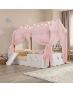 Cama Casinha Montessoriana Isa Mdf + Led + Voal Rosa + Escorregador + Colchão Casal Kids - Branco