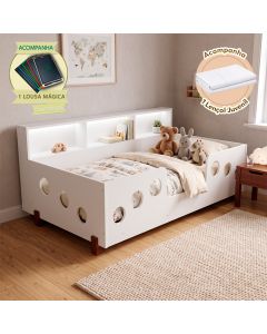 Cama Infantil Montessoriana Lanna com Led Nicho Branco Luminária Led Acompanha Lençol Infantil Quart