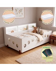 Cama Infantil Montessoriana Lanna Colchão Juvenil Led Nicho Lousa Mágica Branca Acompanha Lençol
