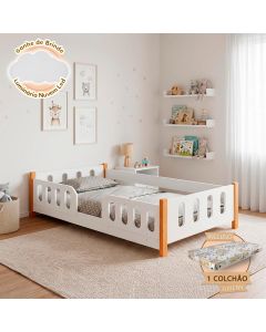 Cama Infantil Montessoriana Melissa Branca com Grade e Luminária Led