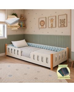 Cama Infantil Montessoriana Completa com Colchão Enxoval Trança Azul Melissa com Lousa Magica