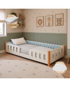 Cama Infantil Montessoriana Melissa Completa com Colchão e Enxoval e Trança Azul Grade Luminária Led