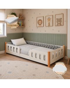 Cama Infantil Montessoriana Melissa Completa com Colchão e Enxoval Trança Cinza Grade Luminária Led