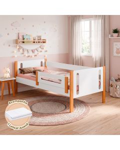 Cama de Solteiro Mirela Branco Mel com Grade de Proteção Acompanha Lençol Infantil Quarto Infantil
