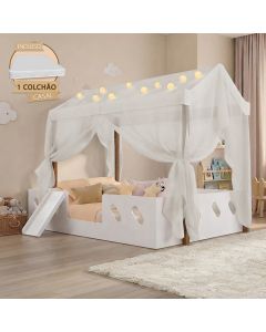 Cama Casinha Montessoriana Isa em Mdf + Led + Voal + Escorregador + Colchão Casal Kids - Branco