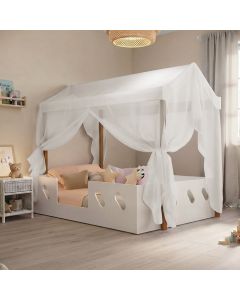 Cama Casinha Montessoriana Isa em Mdf + Voal Mosquiteiro e Dossel para Quarto Infantil - Branco