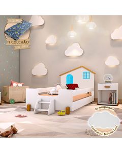 Cama Infantil Solteiro Belissima Azul - Branco e Amêndoa + Luminária Led + Colchão