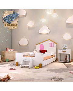 Cama Infantil Solteiro Belissima Rosa - Branca e Mel + Kit