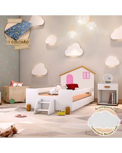 Cama Infantil Solteiro Belissima Rosa - Branca e Amêndoa + Brinde Luminária Led + Colchão