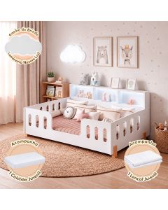 Cama Infantil Montessoriana Nina com Colchão Juvenil Led Nicho Branca Acompanha Lençol Infantil